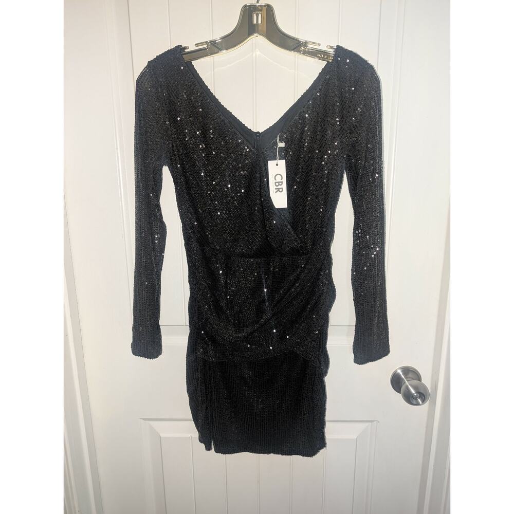 NEW! CBR SEQUIN BLACK DRAPPED MID DRESS V NECK LONG SLEEVE PARTY DRESS SIZE S